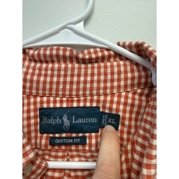Polo Ralph Lauren Mens XL Custom Fit Orange Gingham Check Button Down Shirt - Picture 2 of 4